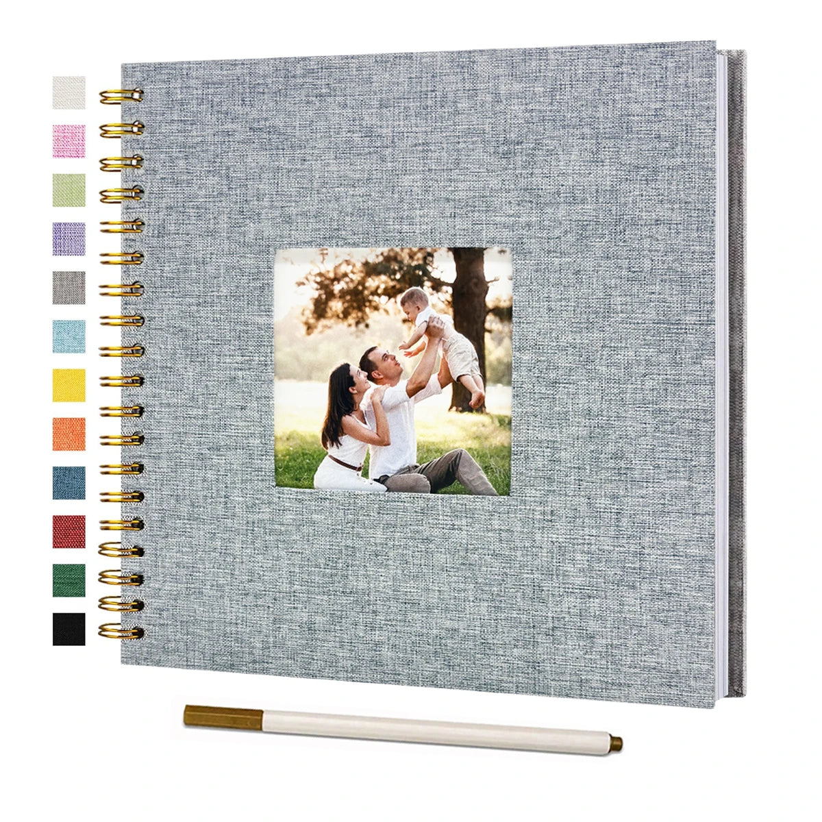 A grey linen cover scrapbook album with a photo of a man holding a woman.