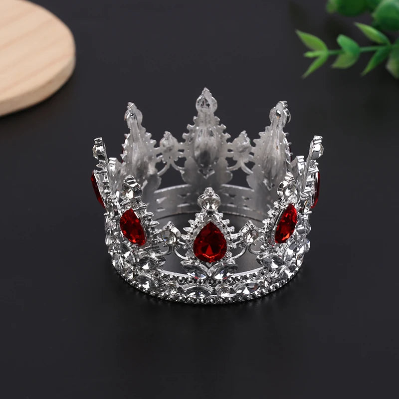 Silver crystal tiara crown cake topper and hair accessory with red gemstones