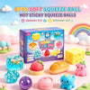 A box of 8pcs soft squeeze balls and sensory toys including fruit shapes and colorful squishy items.