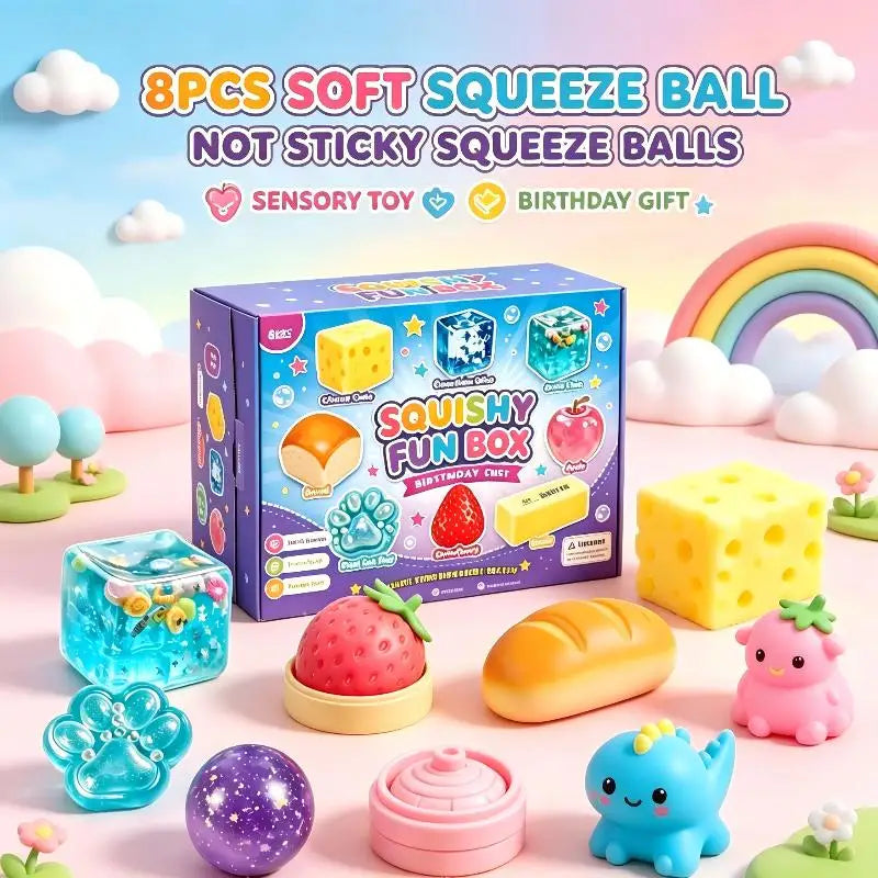 A box of 8pcs soft squeeze balls and sensory toys including fruit shapes and colorful squishy items.