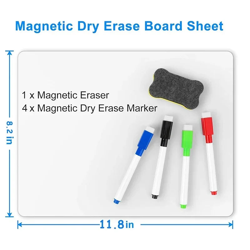A sheet of magnetic dry erase board with one eraser and four markers displayed on a white background.