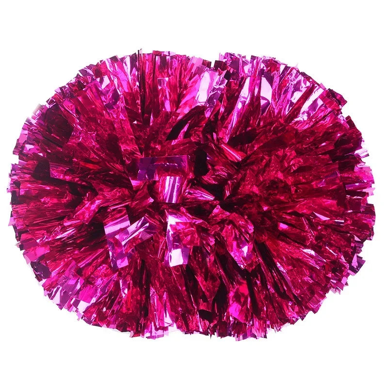 A vibrant magenta pom pom made of shiny, crinkled metallic streamers.
