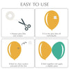 Instrucciones para usar el kit de guirnalda de globos de látex, mostrando pasos para preparar puntos de pegamento, cortar glo