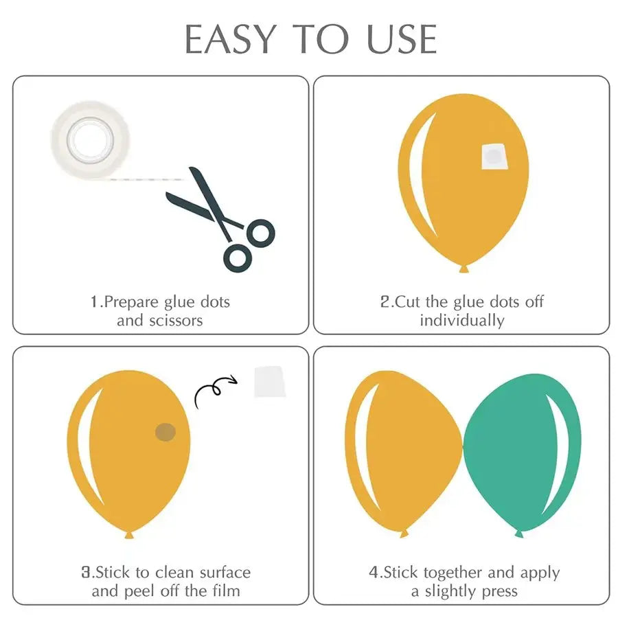 Instrucciones para usar el kit de guirnalda de globos de látex, mostrando pasos para preparar puntos de pegamento, cortar glo