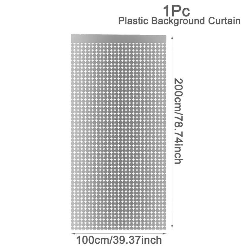 A vertical plastic background curtain with a sequin glitter pattern, measuring 100cm by 200cm.