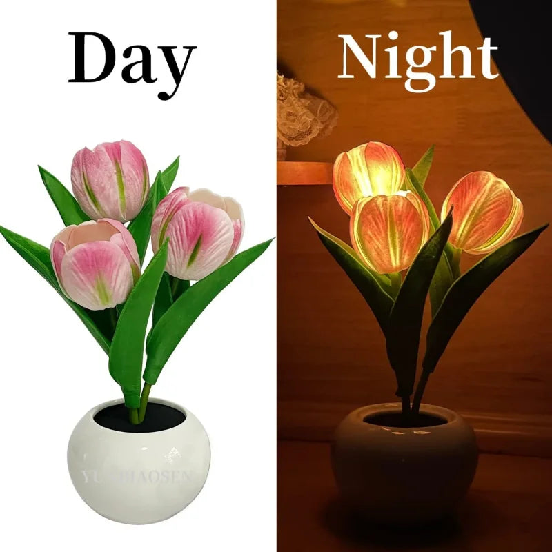 LED tulip night light with pink and orange flowers in a ceramic pot