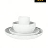 A set of four white reusable plastic tableware items including a bowl and a plate.