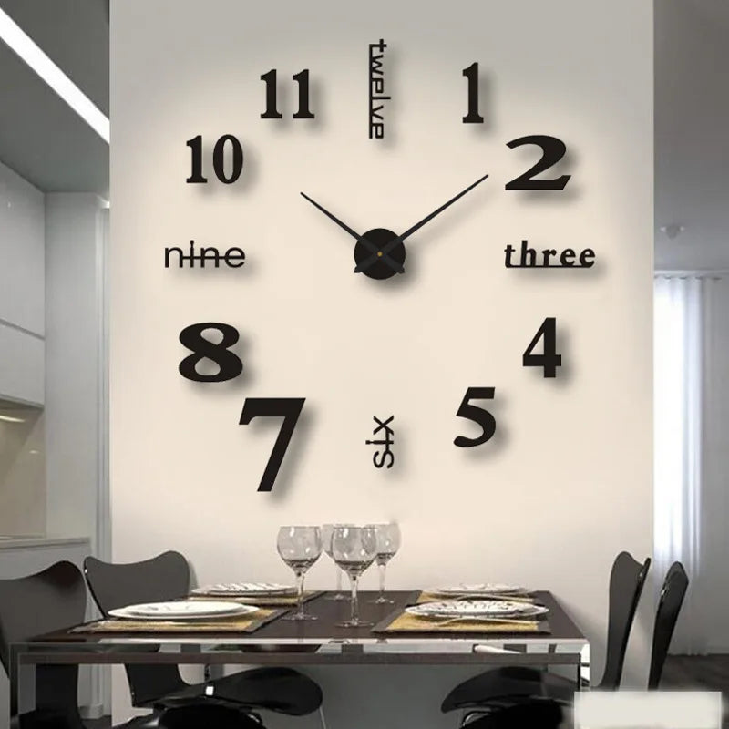 A modern wall clock with black numbers and hands displaying the time, placed above a dining table.