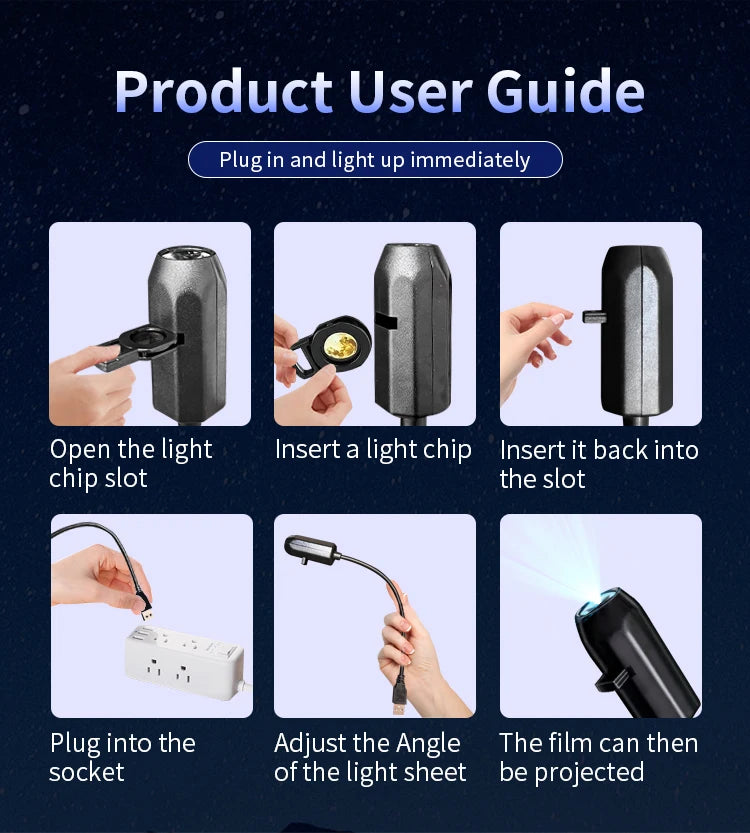 Instructions for using a Halloween ghost and skull projector night light, showing how to plug it in and project a film.