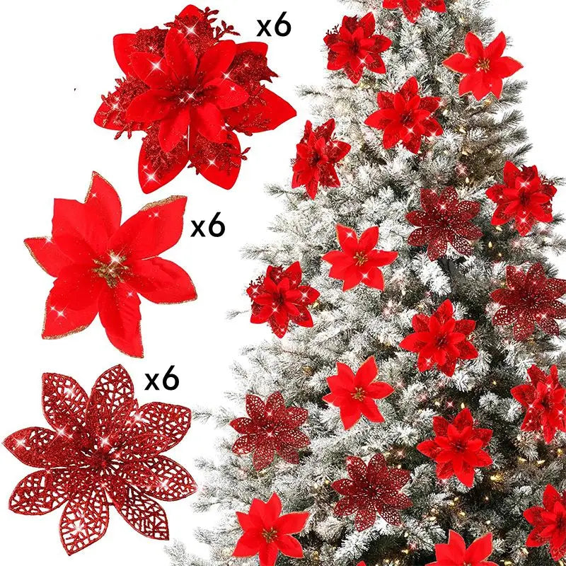 Six sets of red glittered artificial Christmas flowers with clips displayed on a snowy evergreen tree.