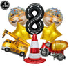 Eight construction truck foil balloons and a traffic cone for birthday party decor