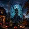 A Halloween garden flag featuring a witch silhouette and bats against a moonlit blue background.