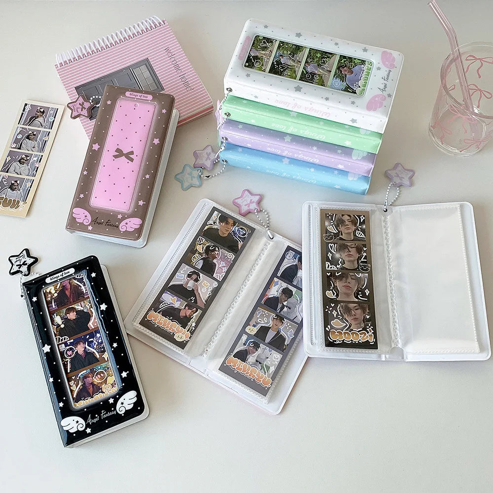 A collection of photo booth albums and photo strips featuring various photos in pink, green, purple, and silver tones.