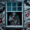 A horror carnival clown figure with green hair and makeup stares out from a window set into a stone wall.