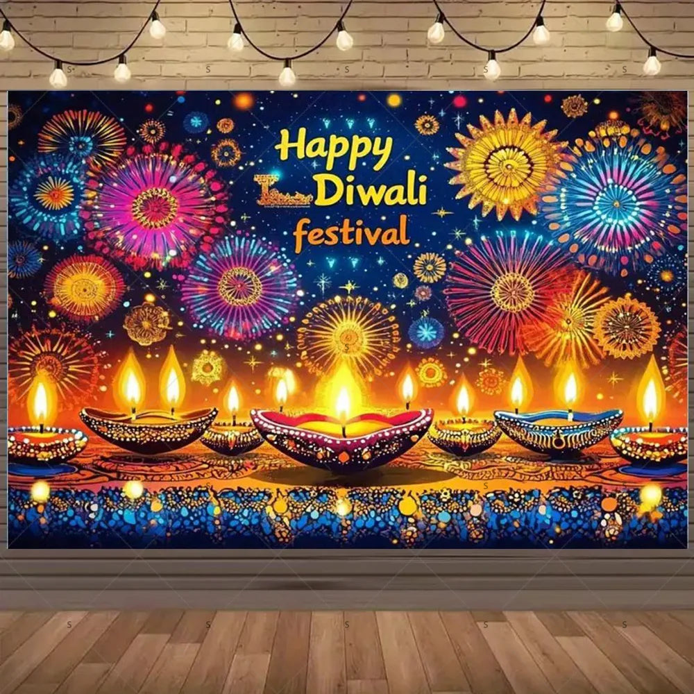 A vibrant Diwali backdrop featuring fireworks, diyas, and festive lights with the text Happy Diwali festival.