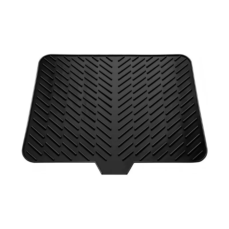 Black silicone drain mat with textured ridges for kitchen sink