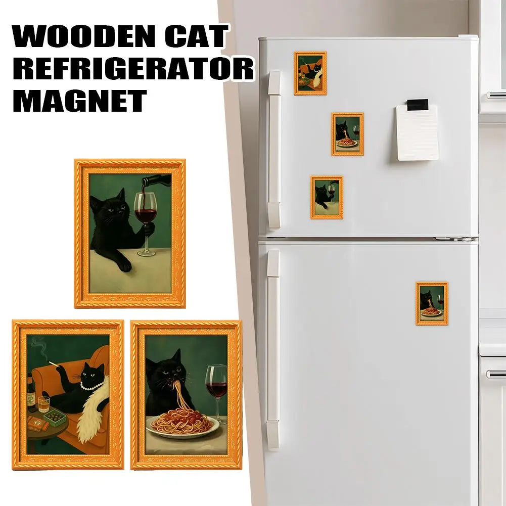 Set of wooden fridge magnets featuring vintage style artwork of a black cat