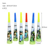 Set of six horn-shaped birthday party decorations with green and yellow accents