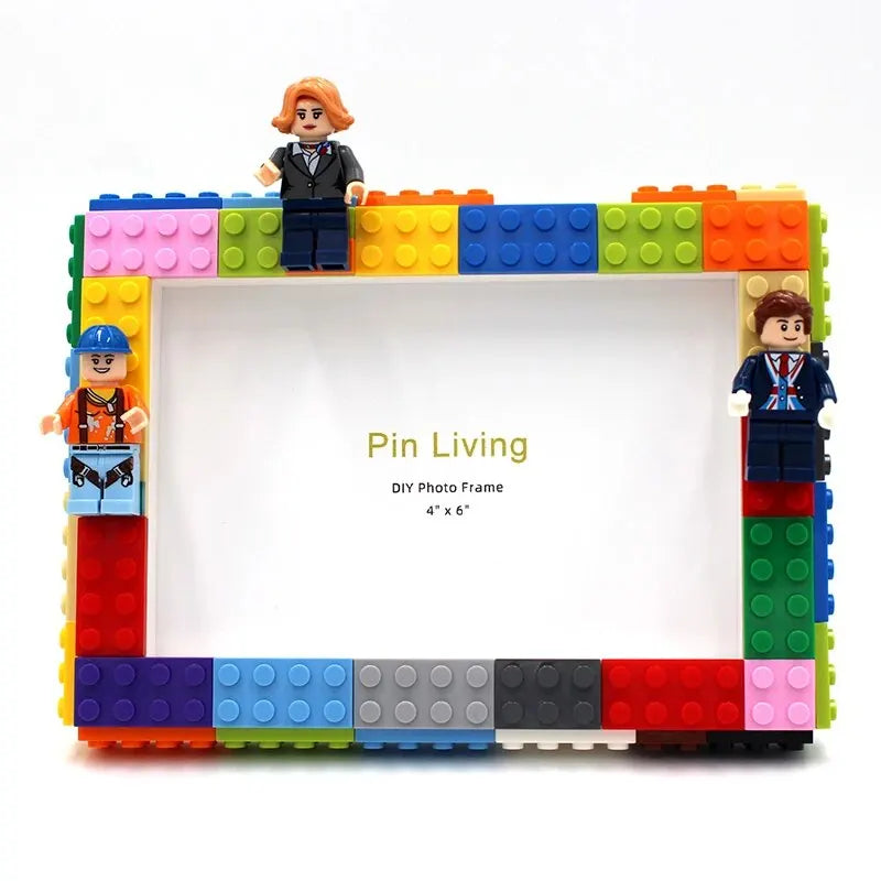 A DIY building block photo frame kit featuring minifigures and colorful plastic bricks.