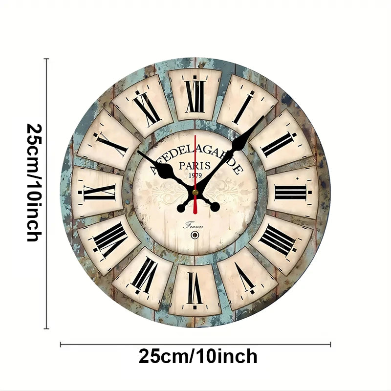 A vintage-style wooden wall clock with Roman numerals and a distressed blue-green finish, featuring the inscription PARIS 197
