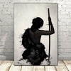 A black-haired figure in a traditional outfit holds a katana against a light background.