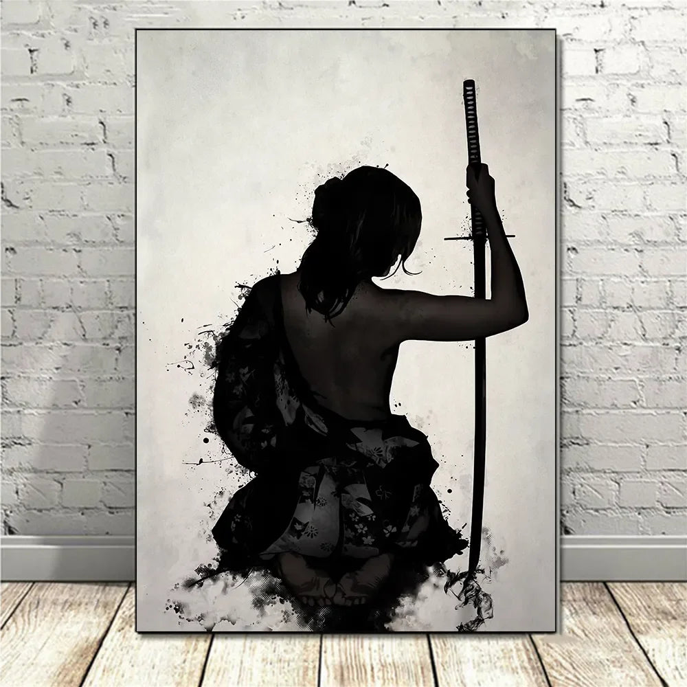 A black-haired figure in a traditional outfit holds a katana against a light background.
