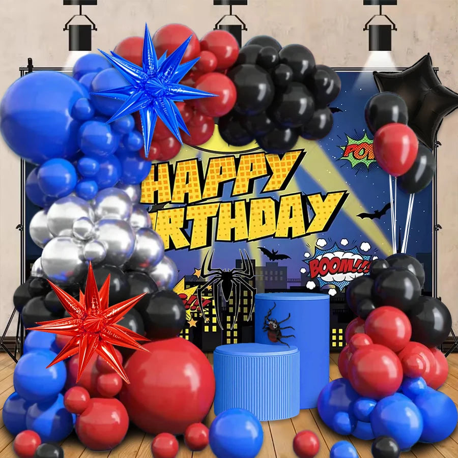 A balloon arch kit featuring red, black, and blue balloons with star foil accents for a birthday display.