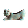 A ceramic succulent planter shaped like a cat, colored in iridescent blue and green tones.