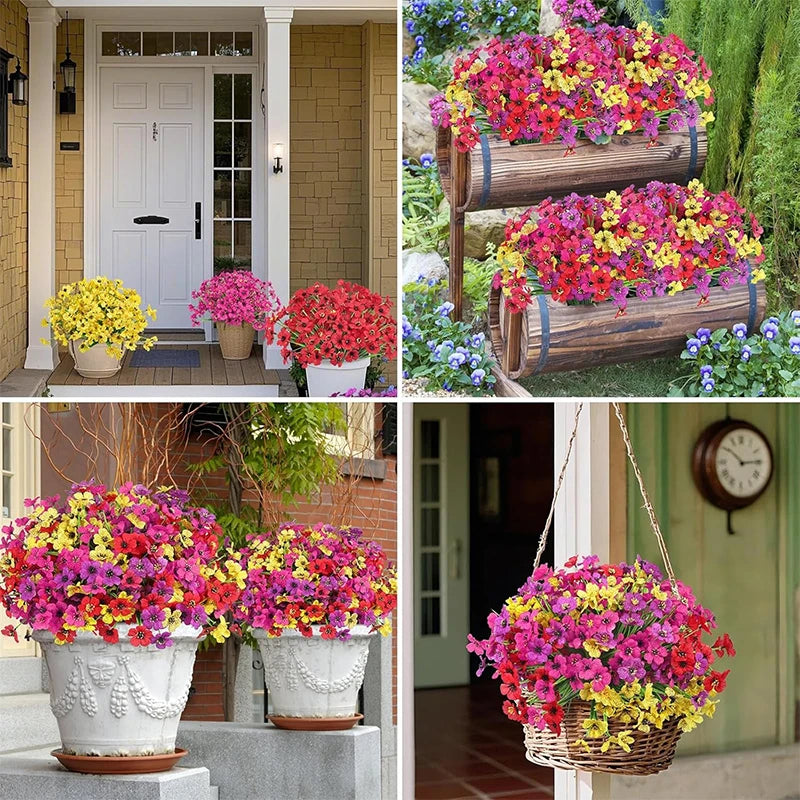 A collection of silk artificial flowers in various colors and arrangements for home and event decor.