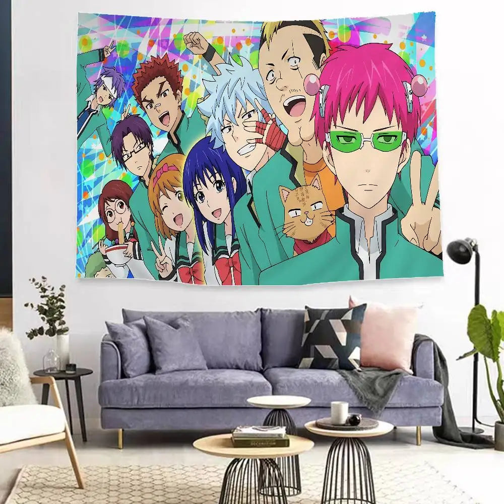 Anime tapestry wall hanging featuring characters from The Disastrous Life of Saiki K.