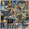 A collage of retro space and planet stickers featuring celestial bodies, mythical figures, and cosmic scenes.