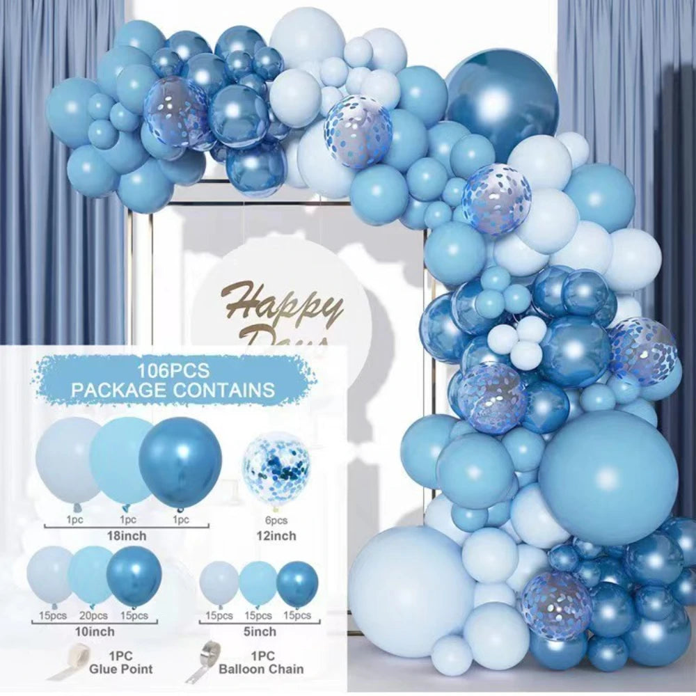 A blue latex balloon garland kit featuring various shades of blue balloons arranged in an arch shape.