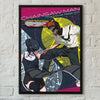 A poster featuring a stylized illustration of Chainsaw Man with a large blade, set against a dark background and pink text.