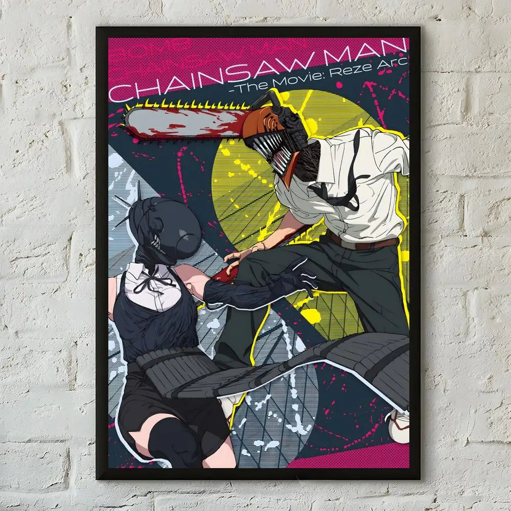 A poster featuring a stylized illustration of Chainsaw Man with a large blade, set against a dark background and pink text.