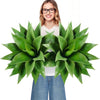 A woman holds a vibrant green artificial agave plant indoors.