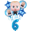 Blue star-shaped balloons with baby figures and a large blue number six balloon for a baby boss themed party