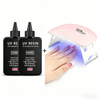 UV resin bottles and a pink UV curing lamp for jewelry making