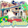 A collage featuring historical and cultural icons of São Paulo, including a religious figure, architecture, and a red car, se