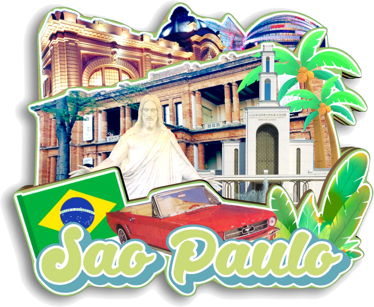 A collage featuring historical and cultural icons of São Paulo, including a religious figure, architecture, and a red car, se