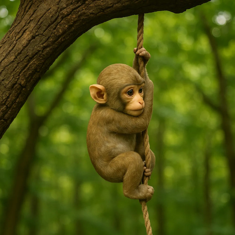 A small, realistic monkey figurine is hanging from a vine on a tree branch in a lush green forest setting.