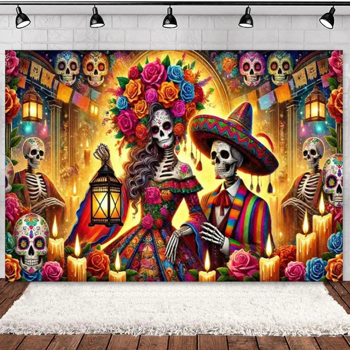 Day of the Dead Skeleton & Floral Backdrop for Party Photo Booth