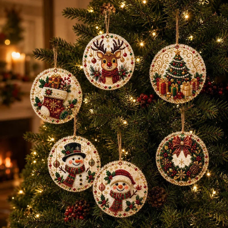 Christmas diamond painting ornaments featuring Santa, a snowman, and a reindeer hanging on a green tree.