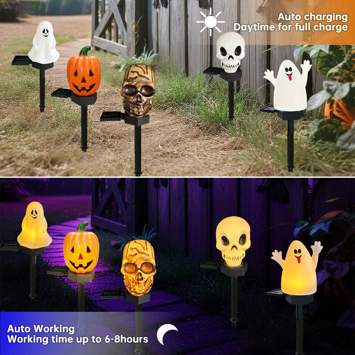 Un ensemble de lumières piquets d'Halloween à énergie solaire avec des motifs de citrouille et de crâne pour la décoration de