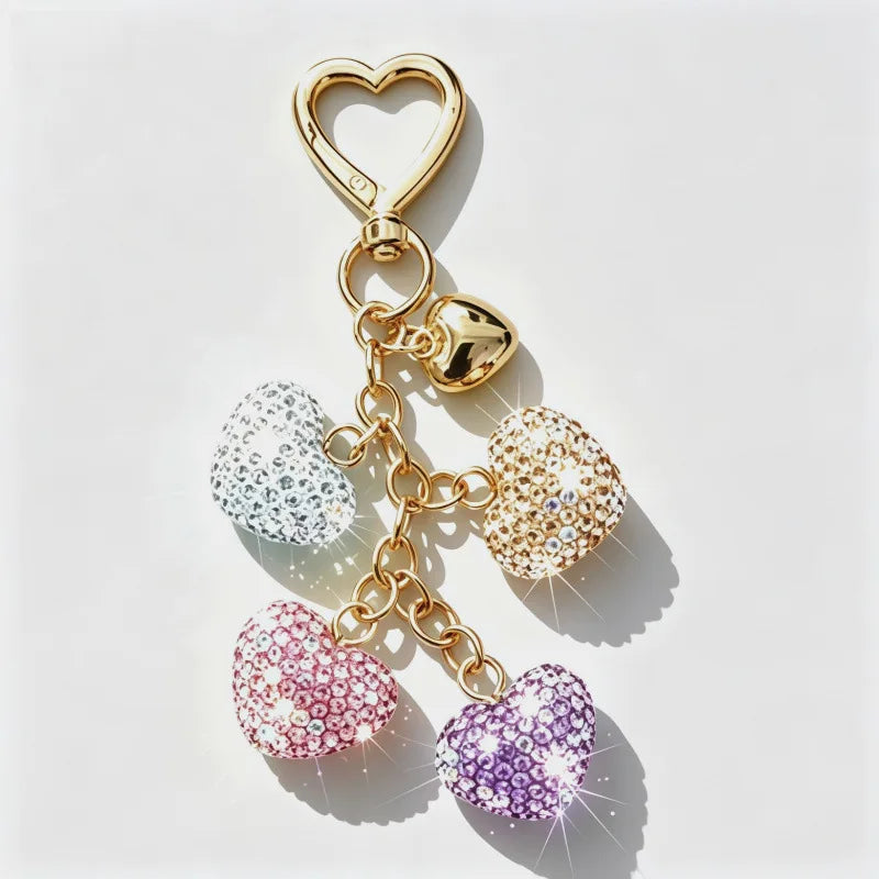Gold-toned crystal heart rhinestone keychain and bag charm with a heart pendant.