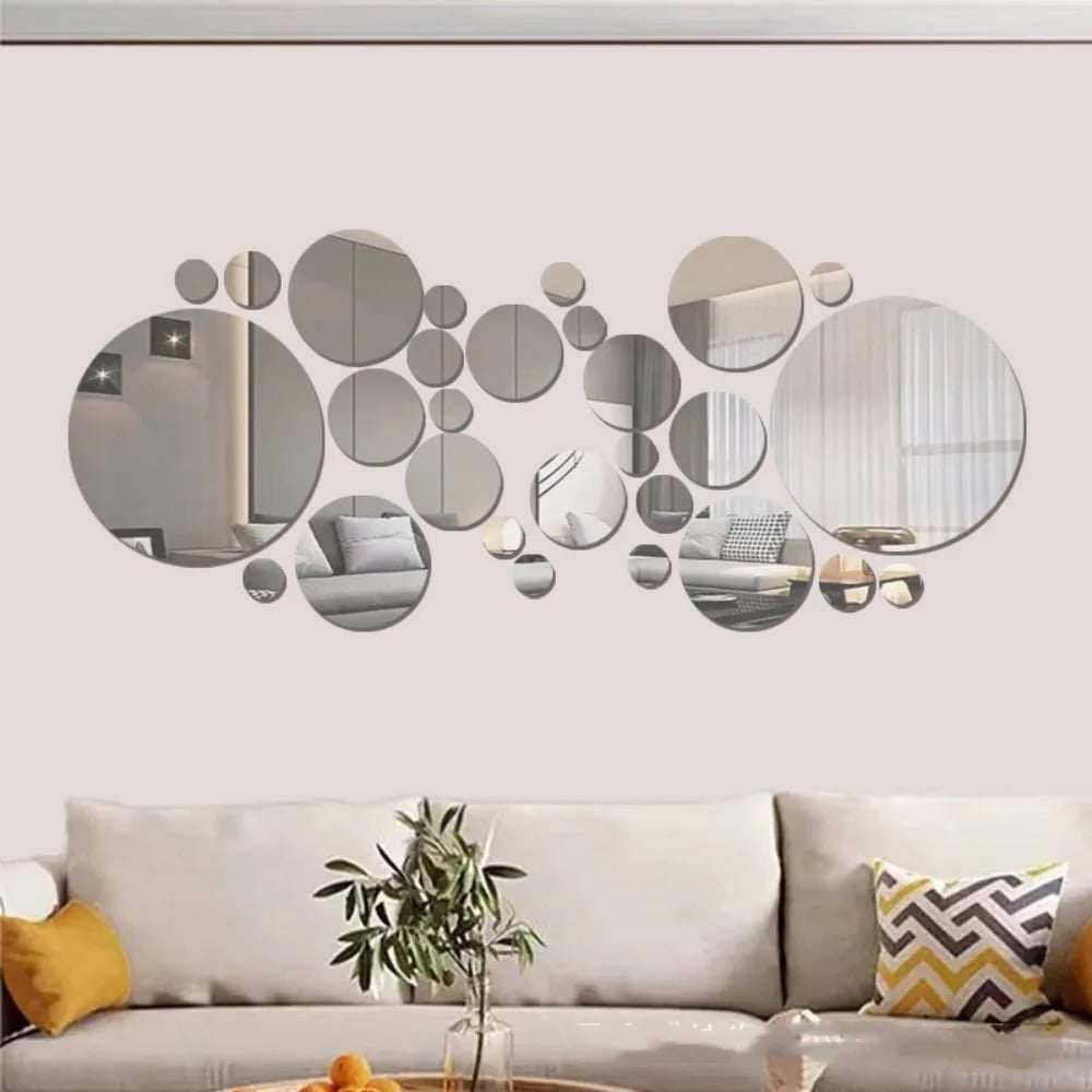 A collection of round and oval 3D mirrors used as wall decals for home decor