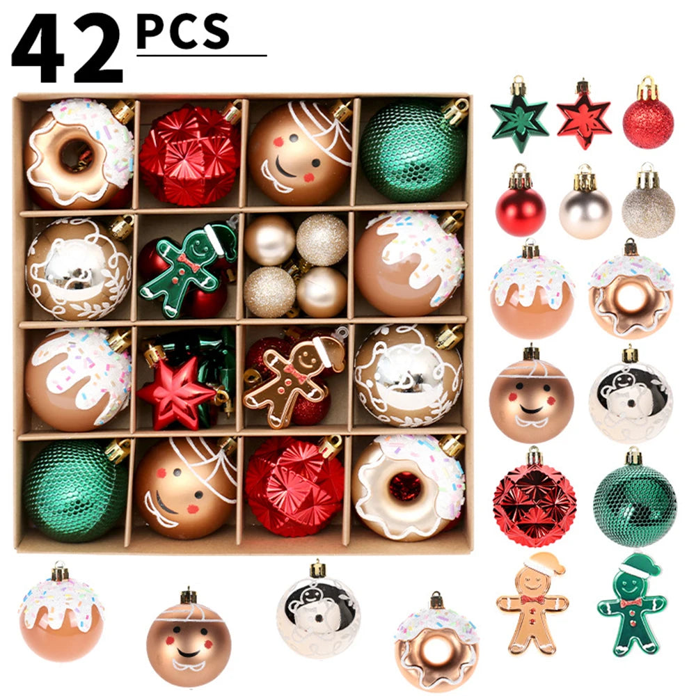 A collection of 42 shatterproof Christmas ball ornaments in various colors and finishes, including glass, glitter, and metall