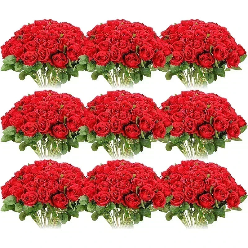 A bouquet of vibrant red artificial silk roses arranged for table decor.