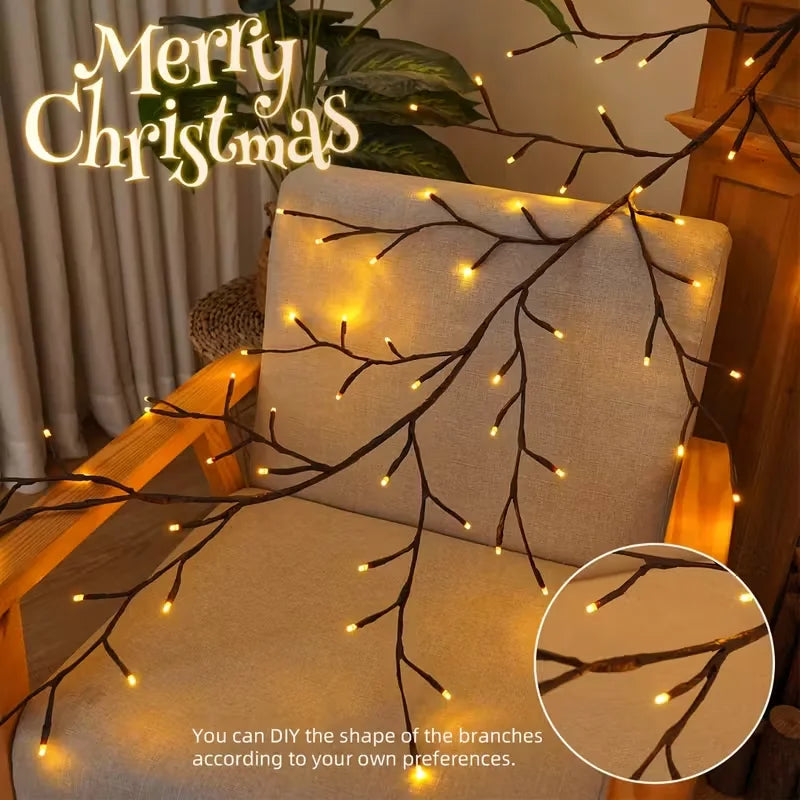 LED willow vine lights draped across a beige cushion and wooden furniture for holiday decor