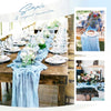 A rustic pink semi-sheer gauze table runner is draped on a wooden table setting for an elegant decoration.