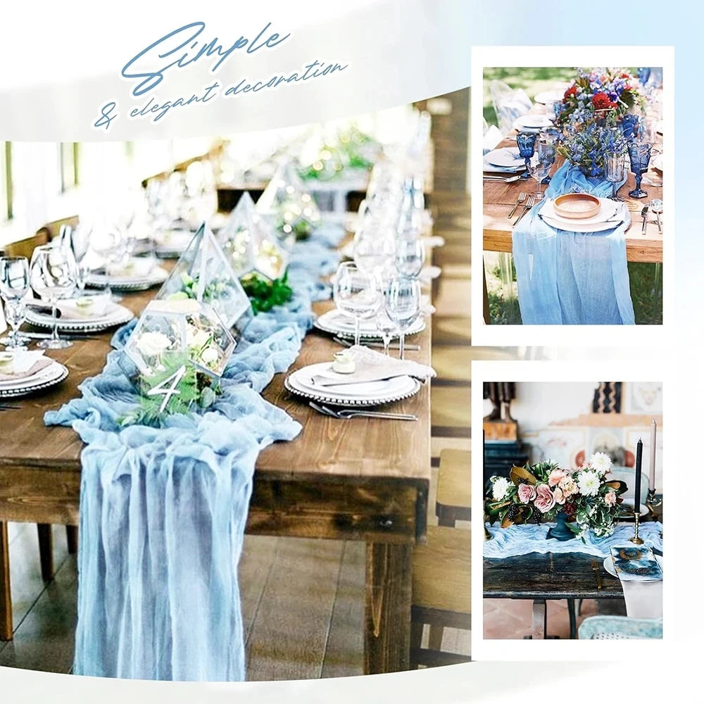 A rustic pink semi-sheer gauze table runner is draped on a wooden table setting for an elegant decoration.